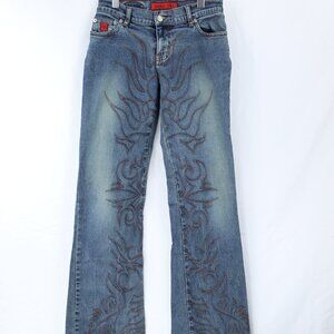 BONGO WOMEN'S VINTAGE Y2K FLARE BLUE DENIM EMBROIDERED STRETCH JEANS #051 SIZE 1